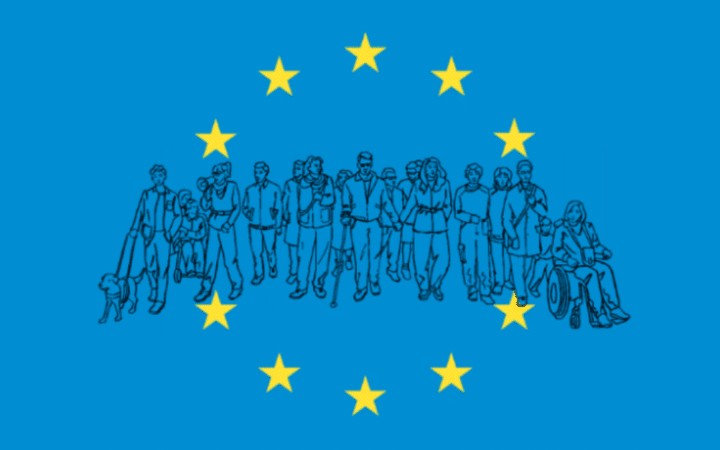 Image illustrative, dessin réprésentant des personnes en situation de handicap et le drapeau européen