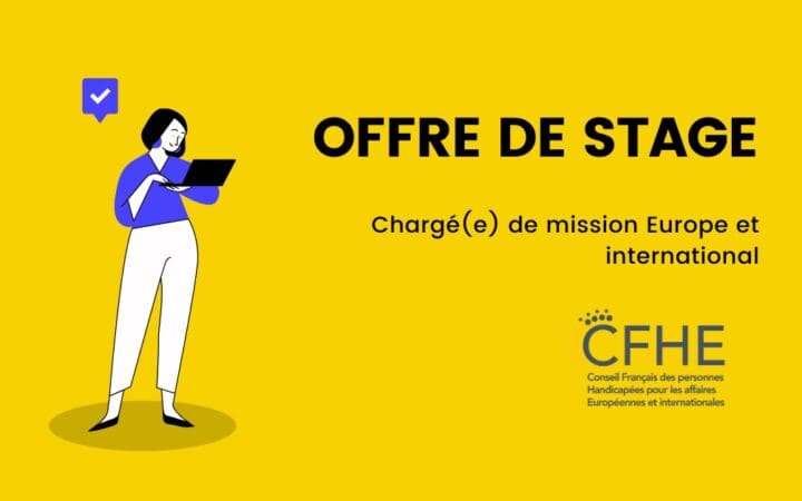 Visuel contenant l'illustration d'une personne debout tenant un ordinateur et le texte suivant : Offre de stage chargée de mission Europe et international